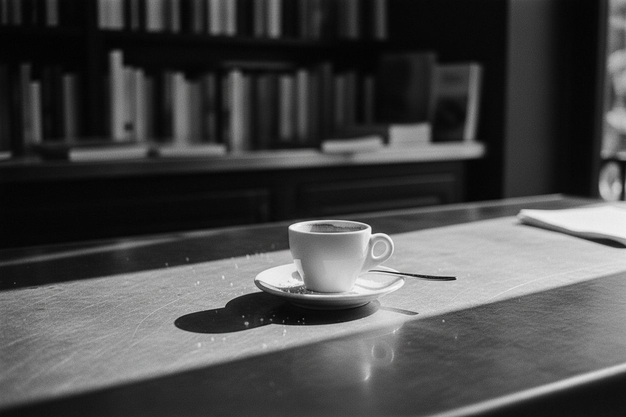 A single espresso on the zinc counter