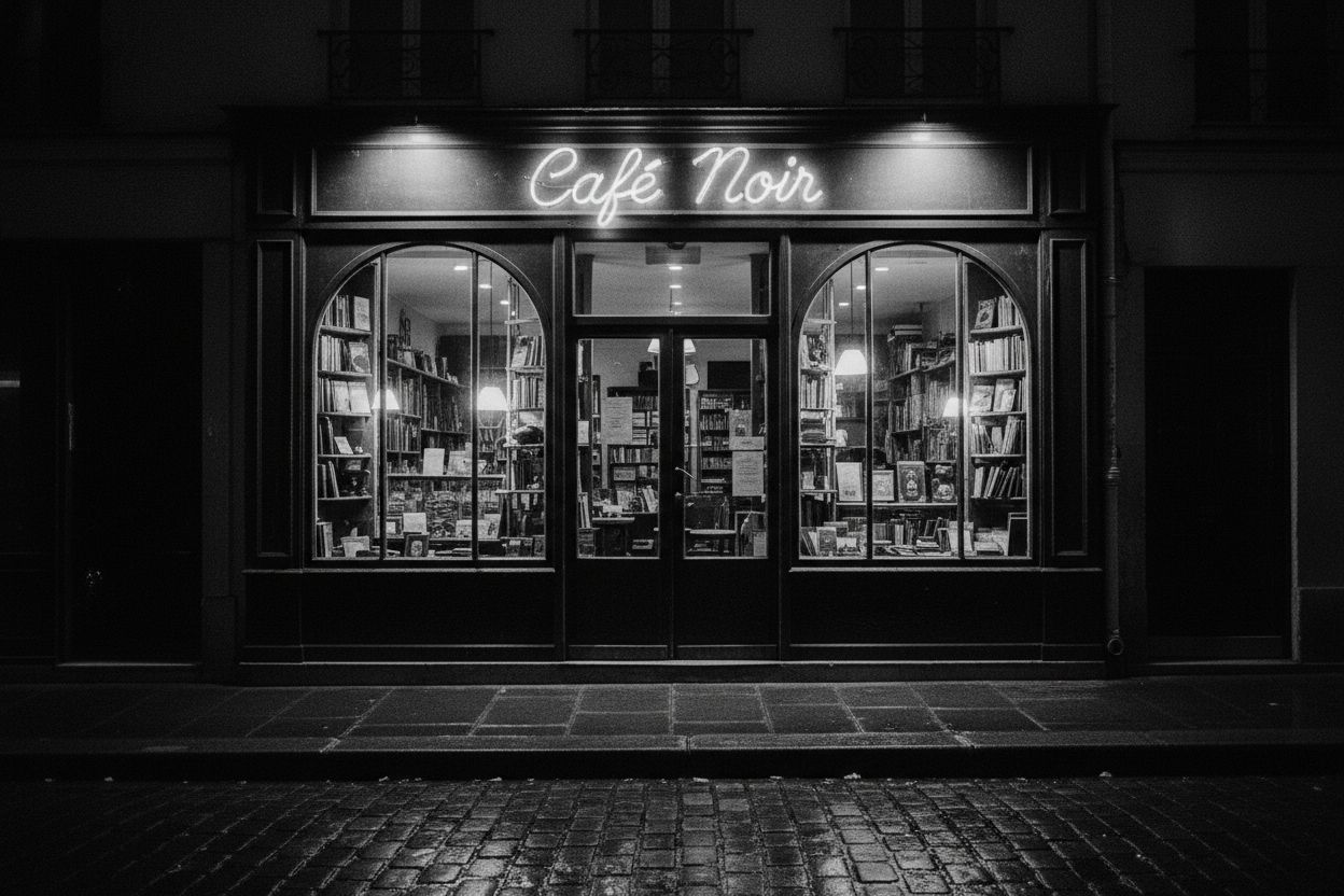 The café-bookshop storefront at night, the Café Noir neon lit above the windows