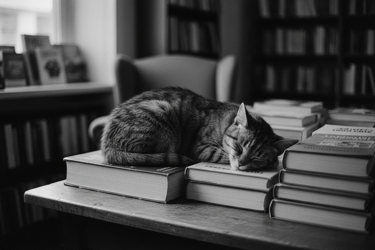 Simenon the cat asleep on a stack of crime novels