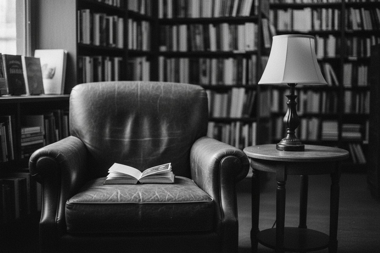 The leather armchair, a book left open, the lamp