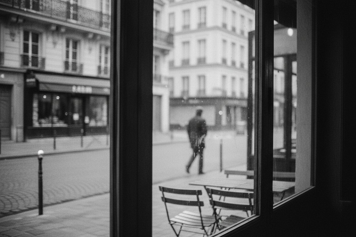 The street seen from inside, a silhouette passing