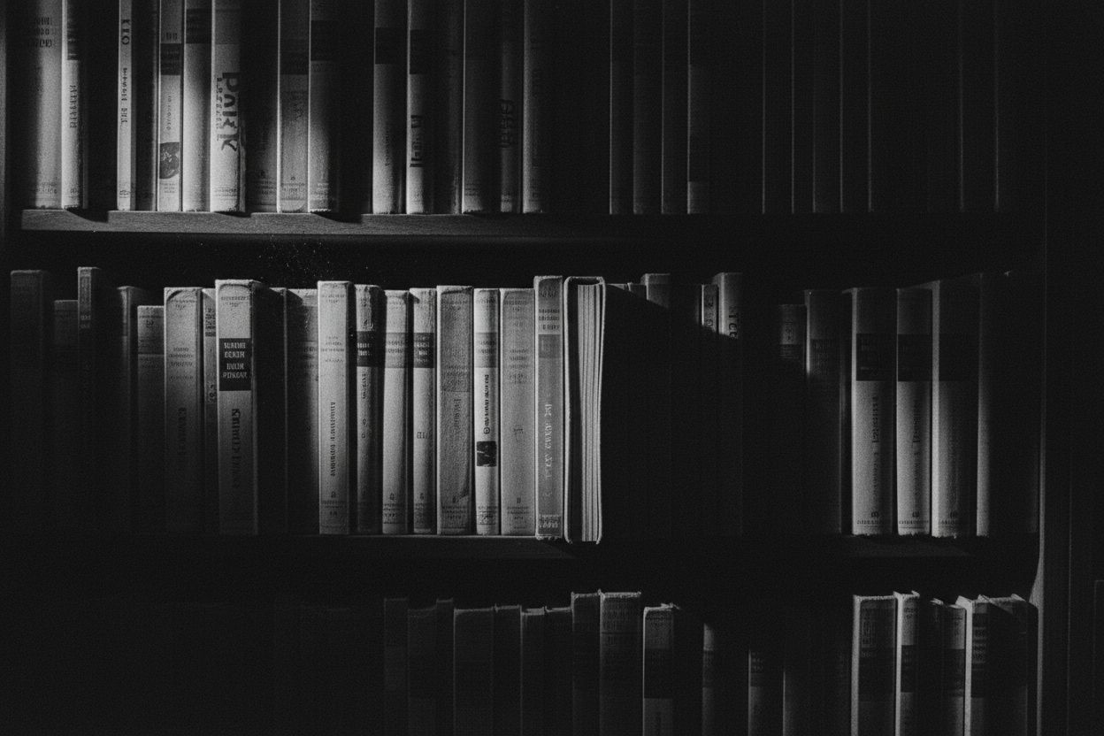 A shelf of worn crime novels, one pulled out