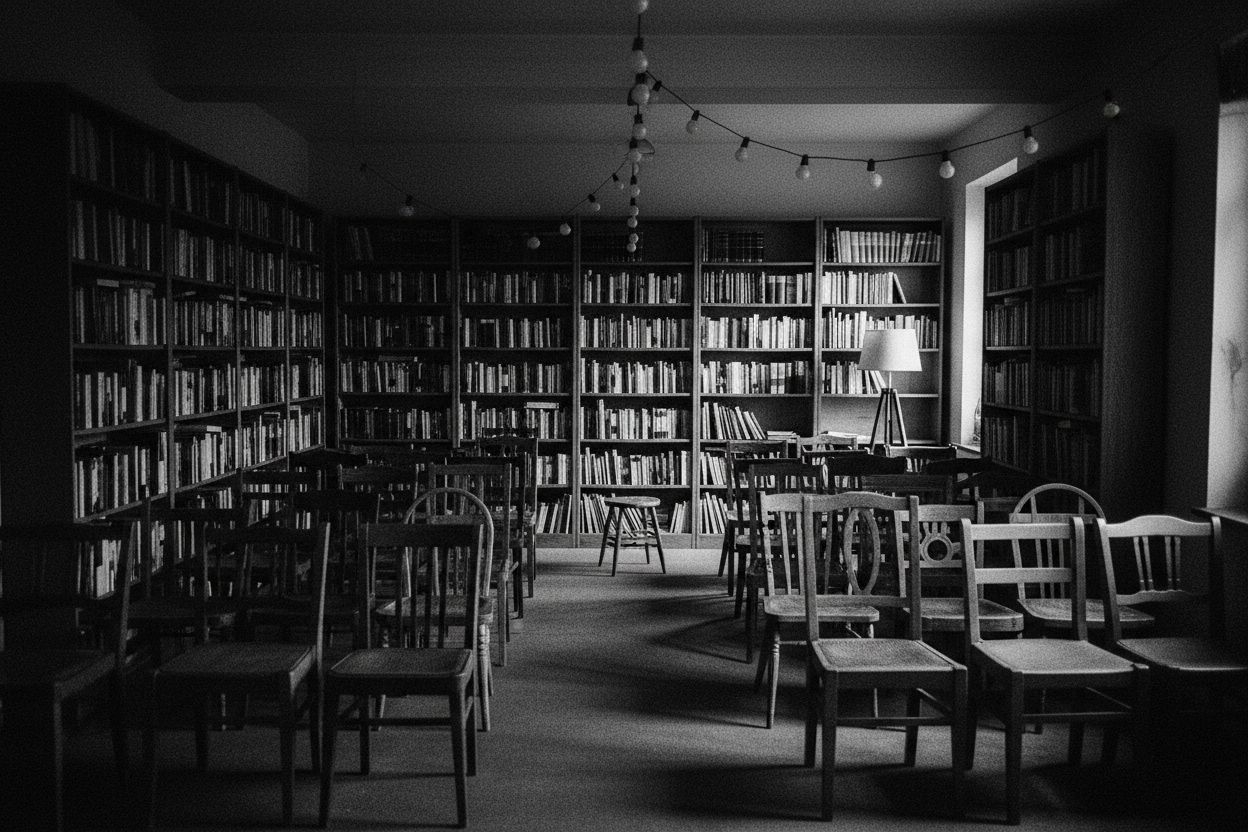 Chairs set for a reading night under a string of bulbs
