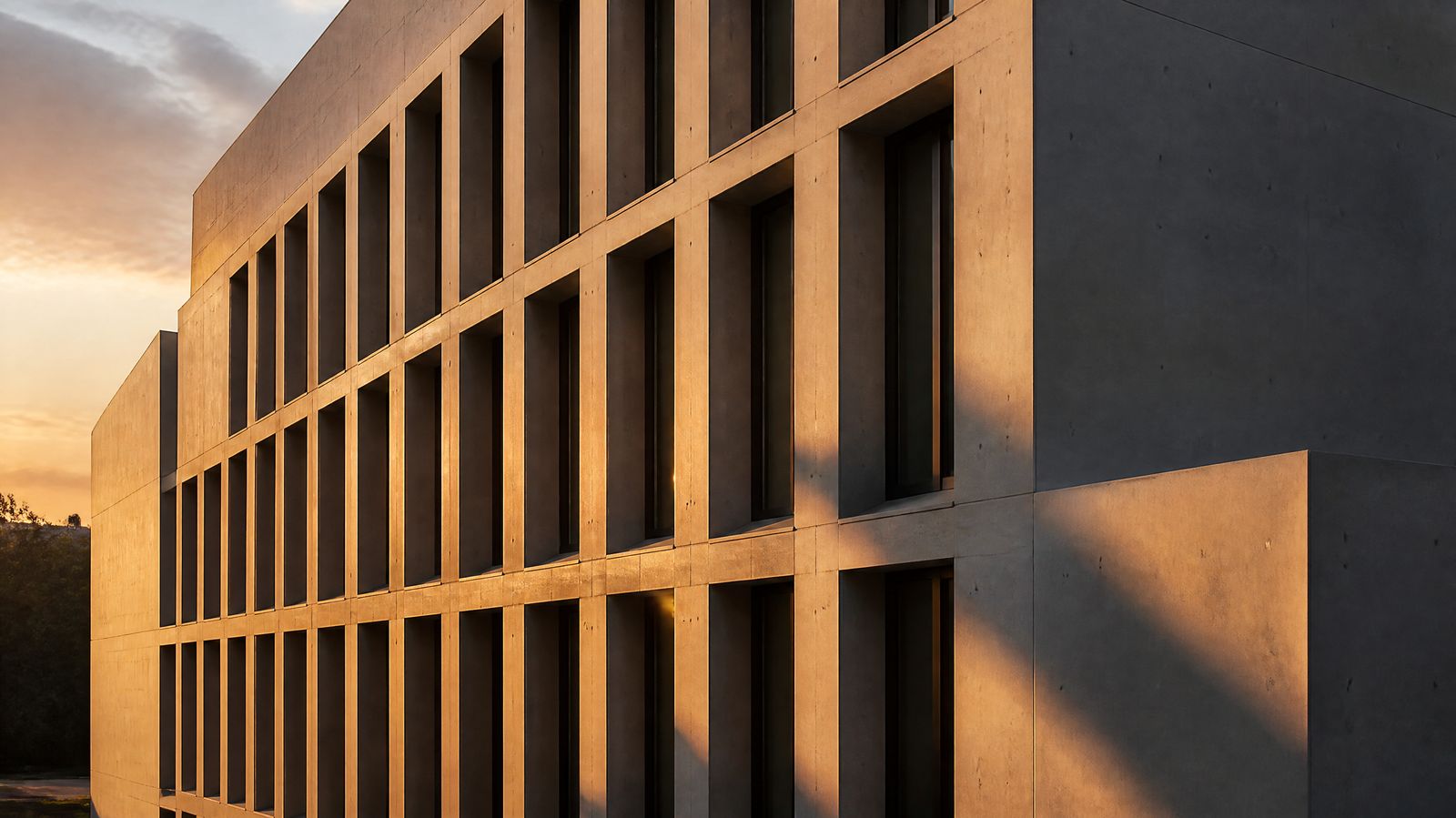 Concrete grid architecture at golden hour