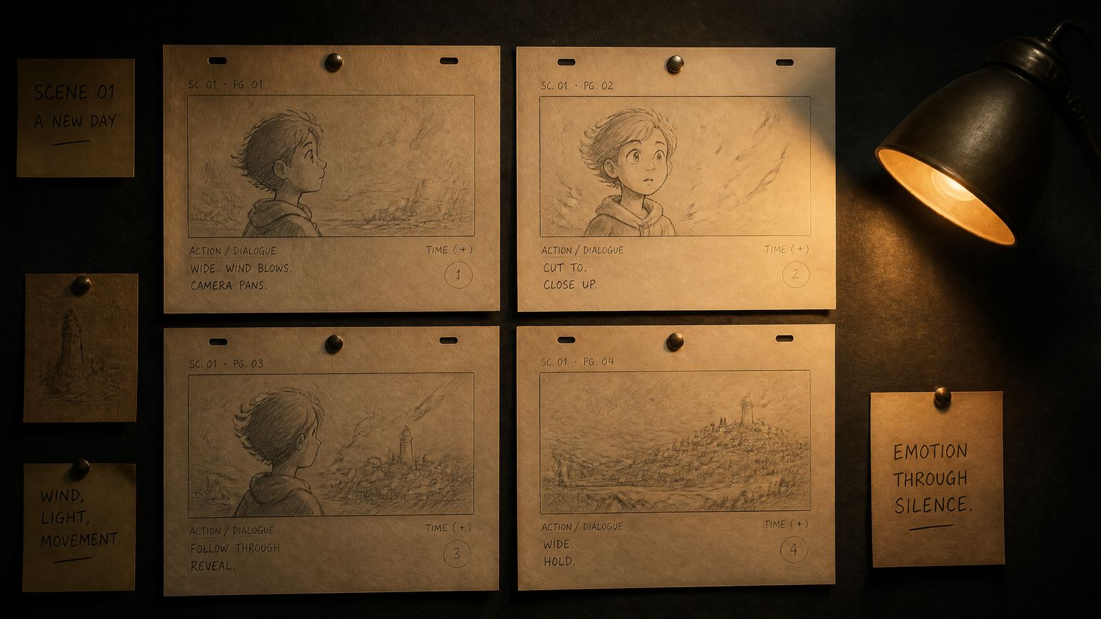 Animation storyboard frames on dark wall