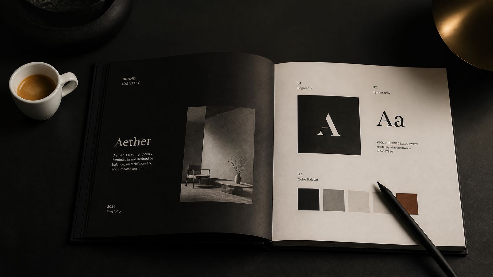 Portfolio book open on a dark table
