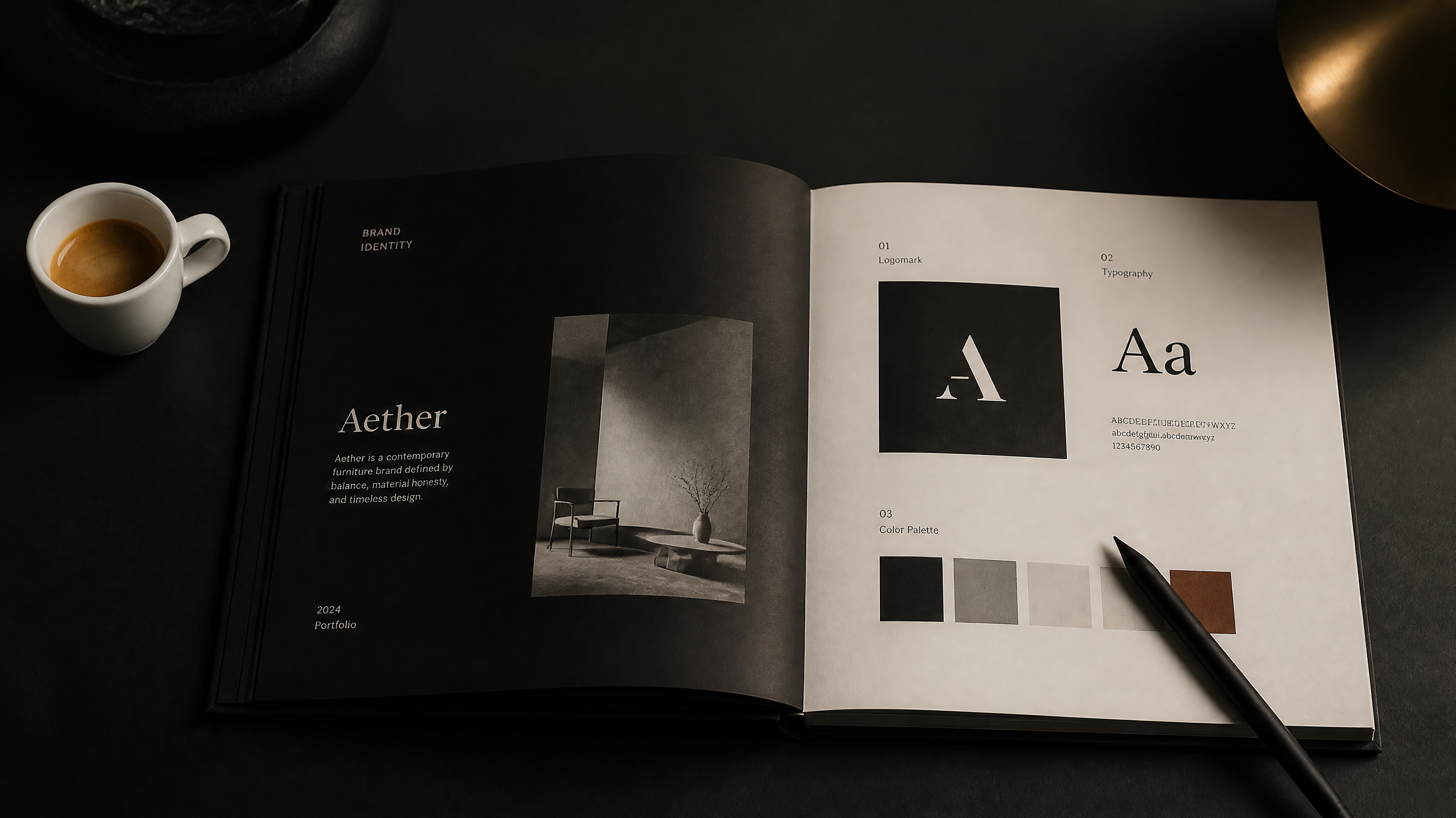 Portfolio book open on a dark table