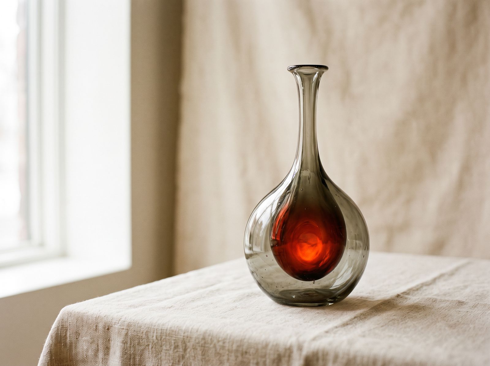 Smoke-grey decanter with an ember-red core