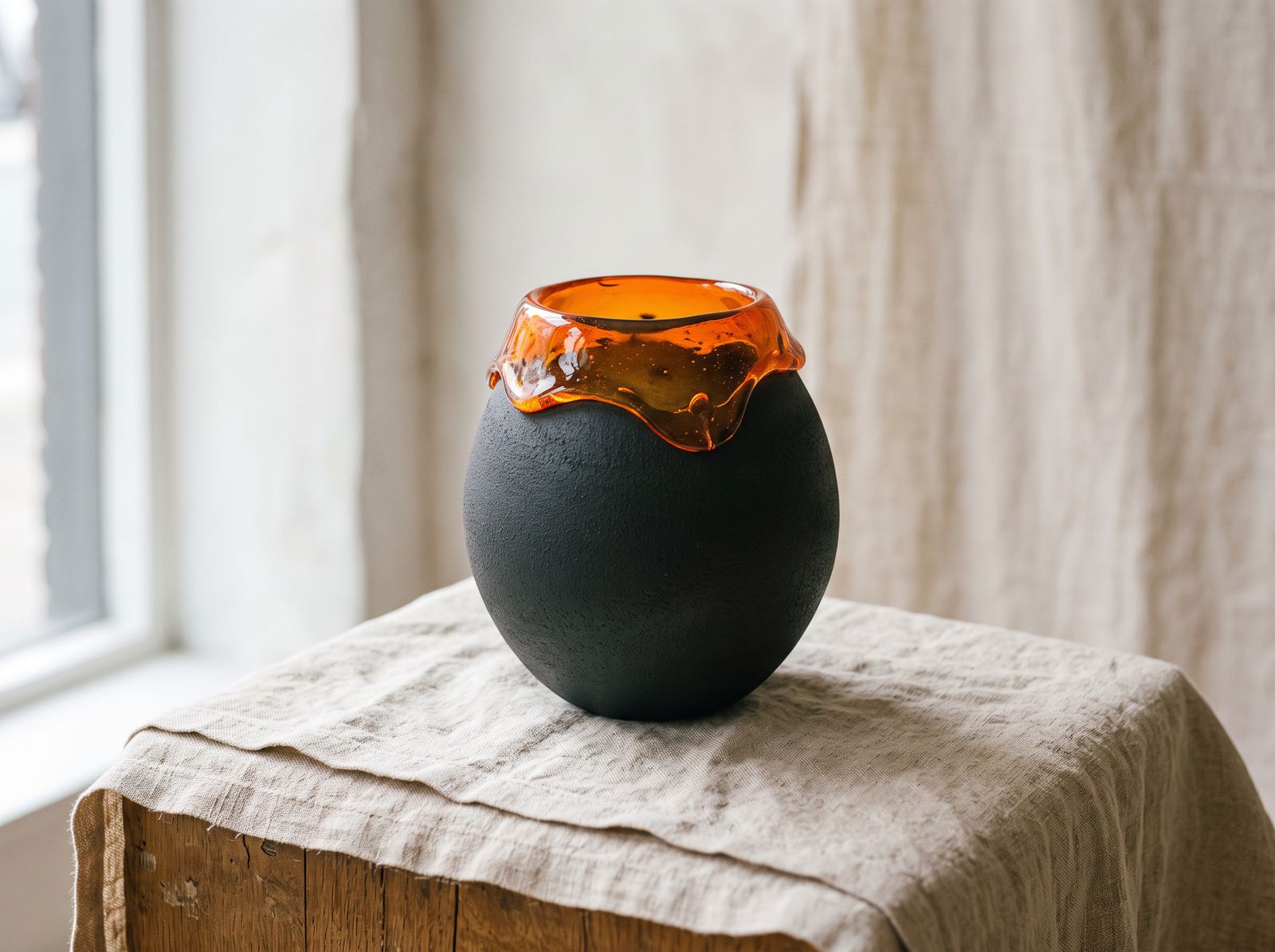 Matte charcoal vase with a molten orange lip