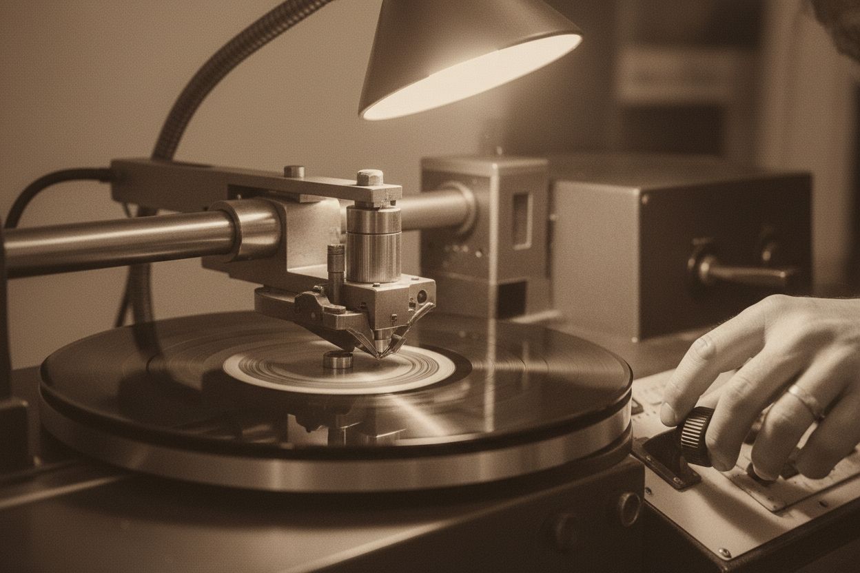 The Deadwax cutting lathe engraving a lacquer disc