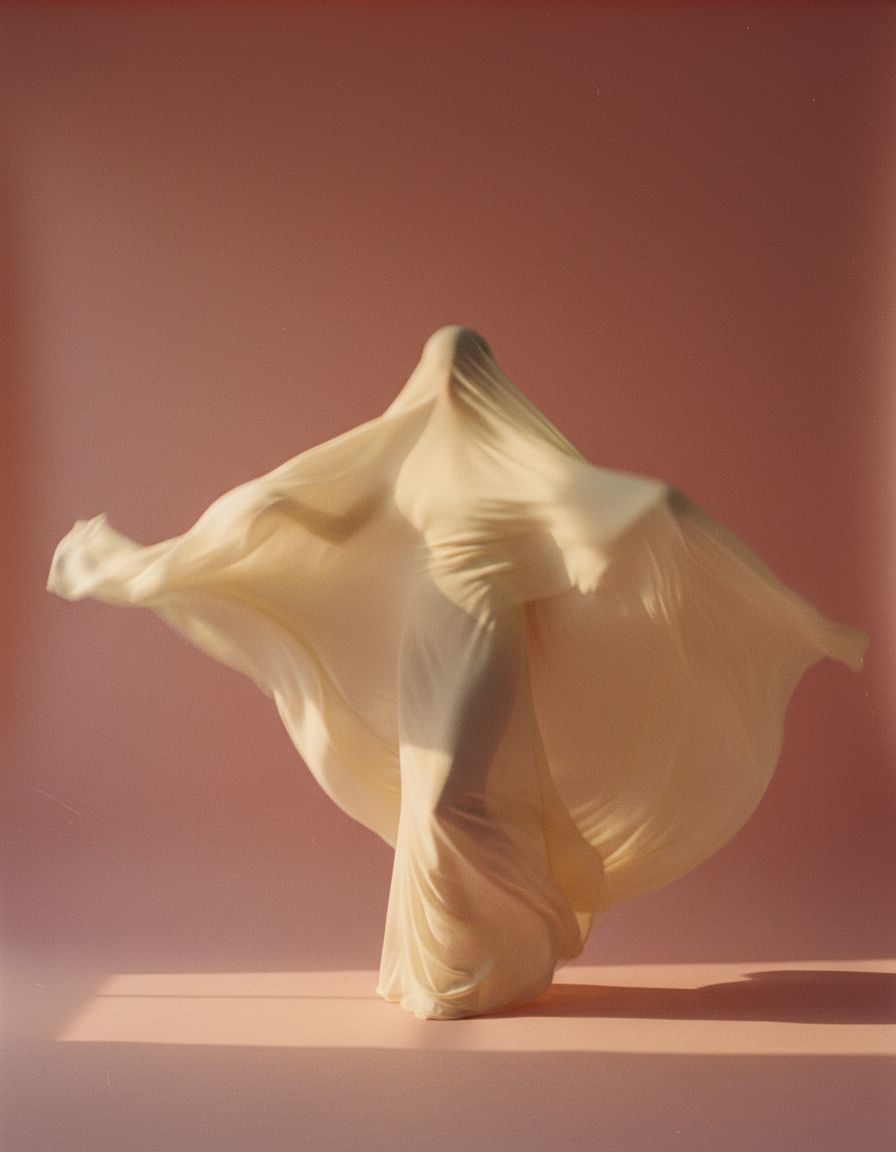 Ôra Campaign — cream fabric in motion on dusty rose