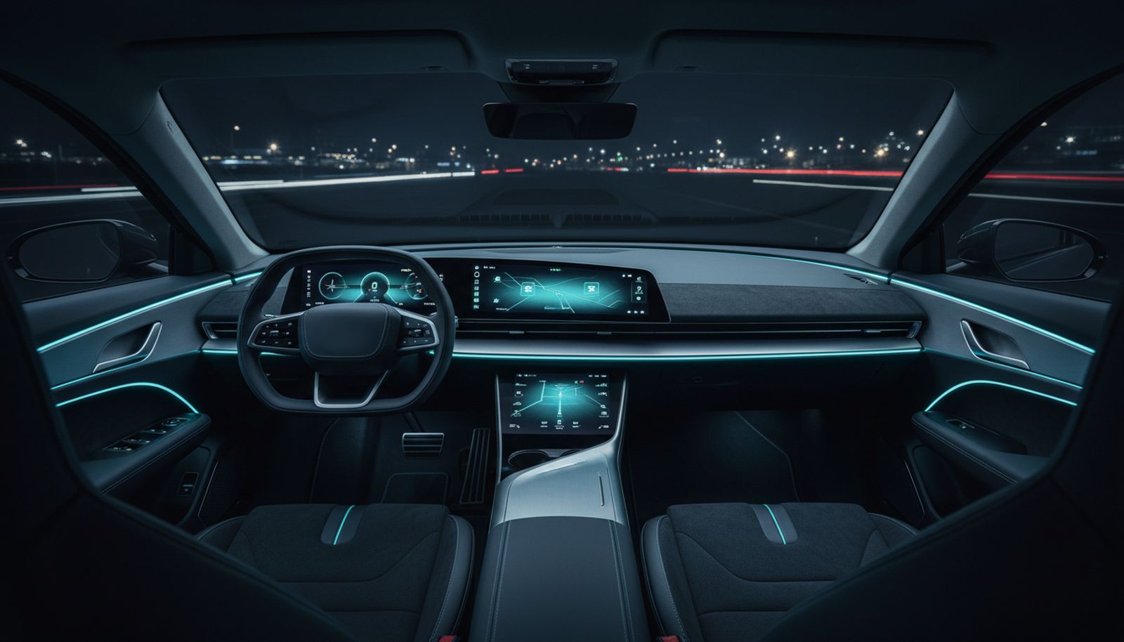 Gauss Vision cockpit at night — panoramic display, cyan ambient light