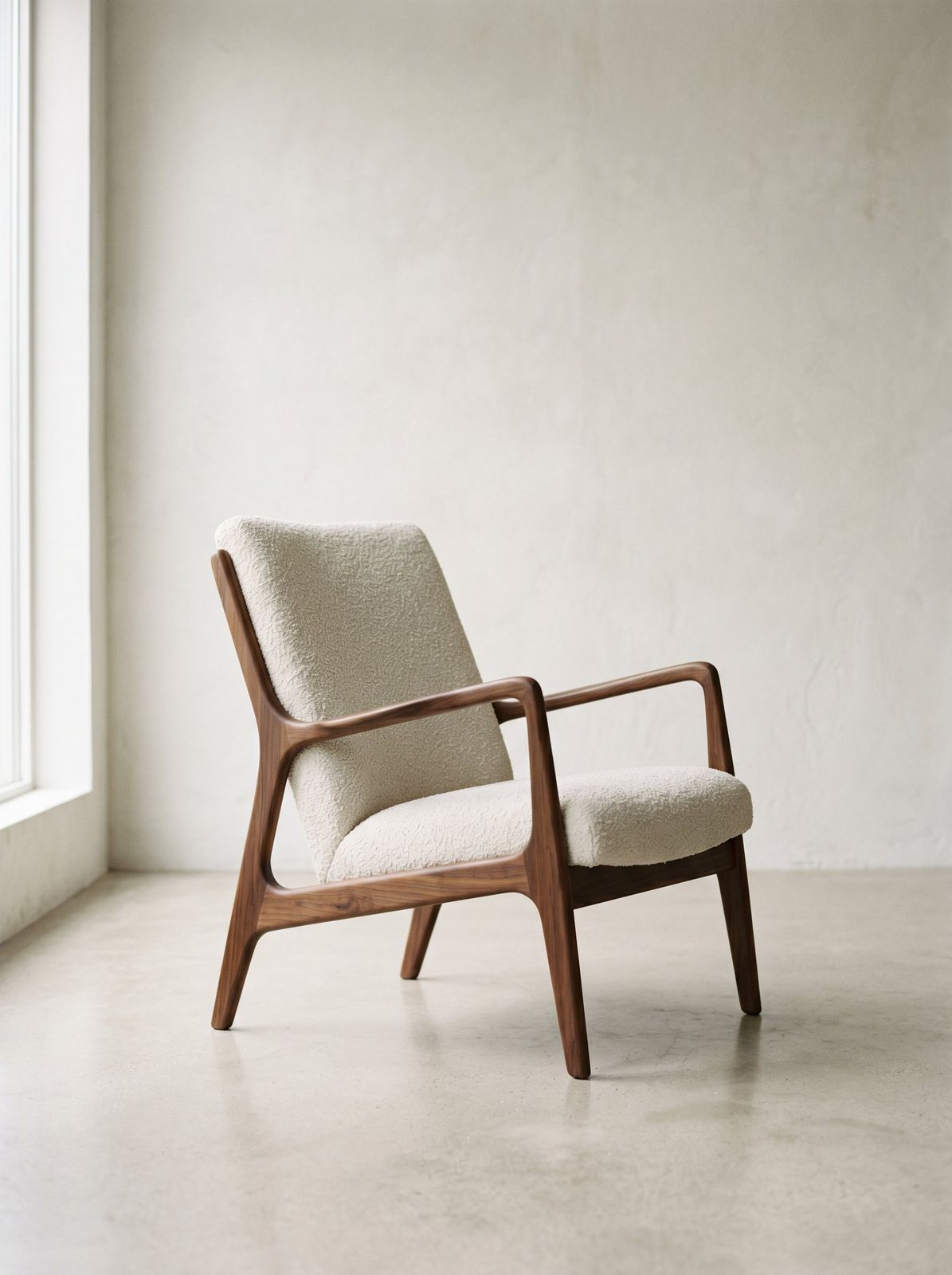 Lounge chair in oiled walnut and bouclé wool