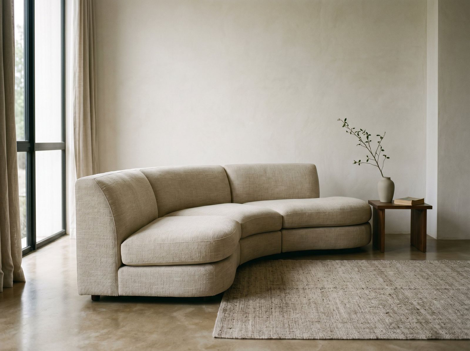 Curved modular sofa in oatmeal linen