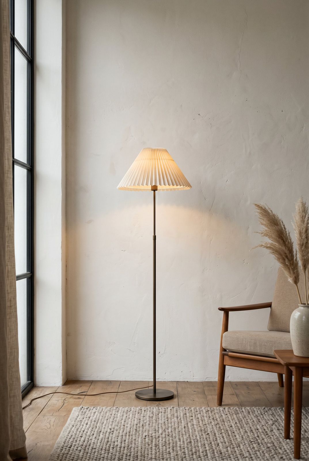 Slender floor lamp with pleated paper shade