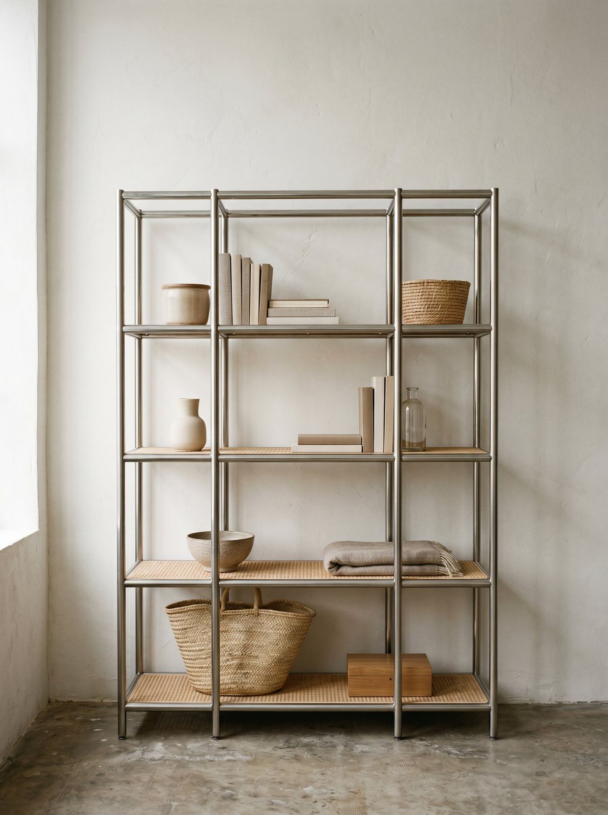 Tubular steel and cane shelving unit