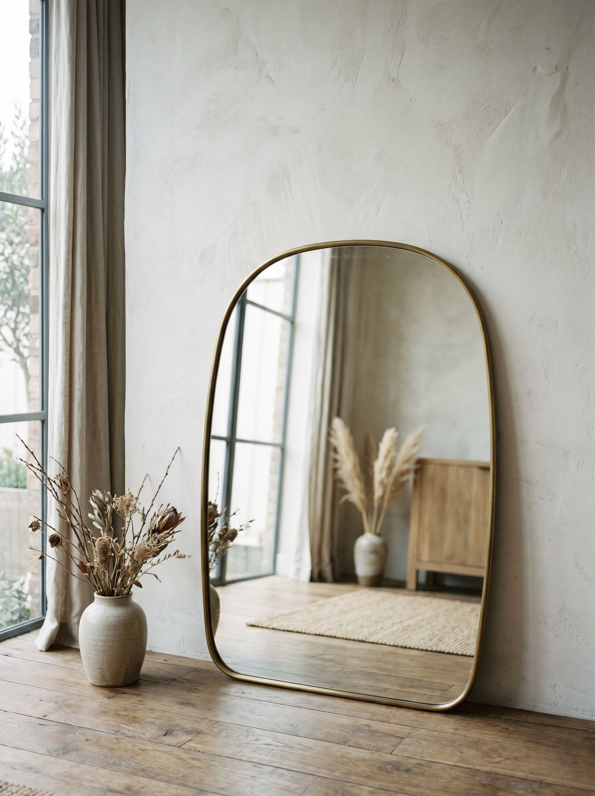 Rounded mirror in thin brass frame