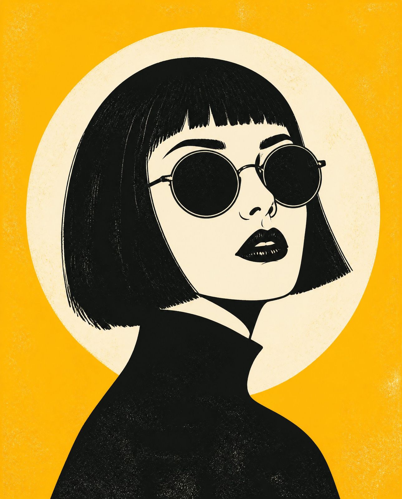 Screenprint portrait of a woman with a black bob and round sunglasses on a marigold ground