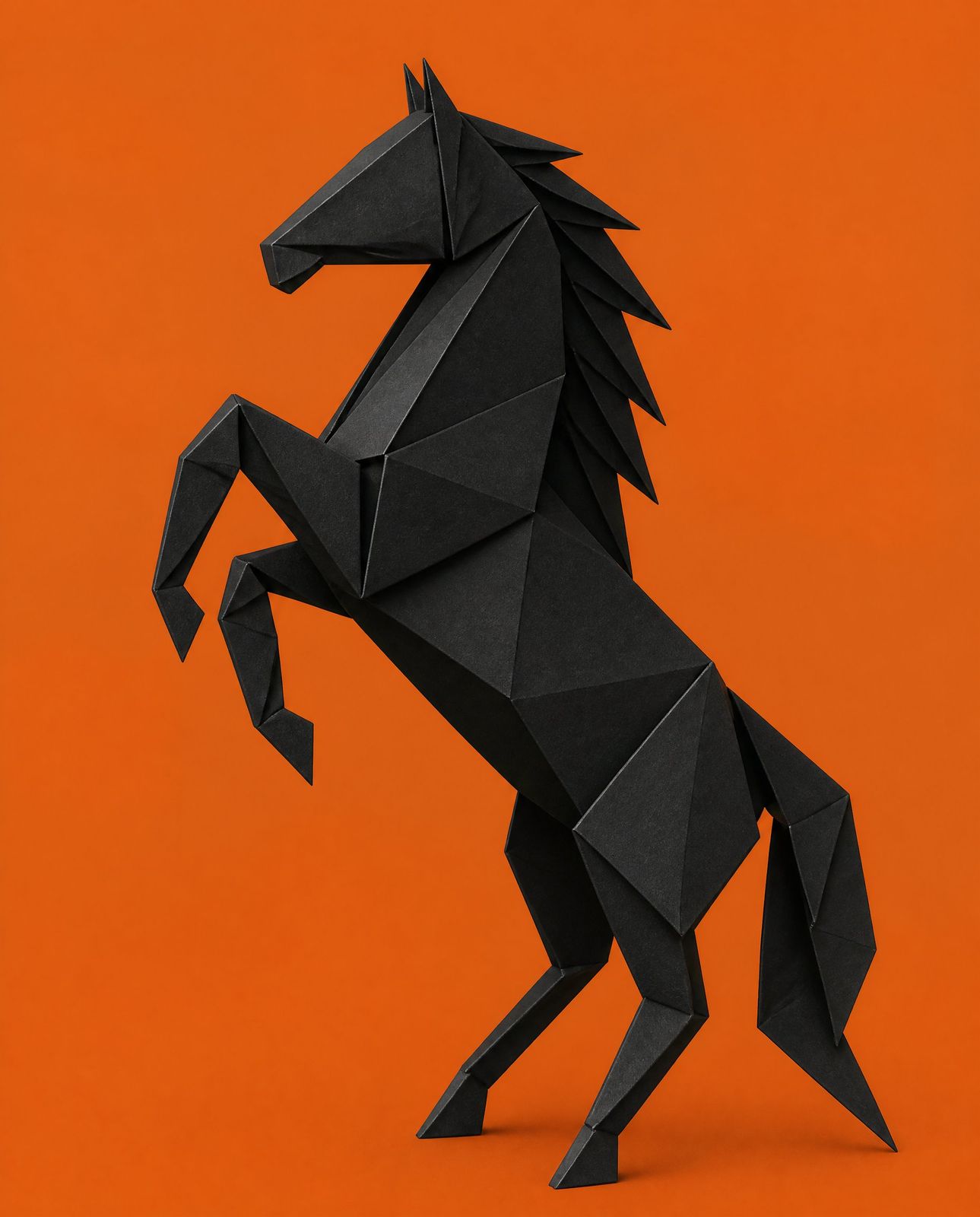 Black folded-paper horse rearing on an orange ground