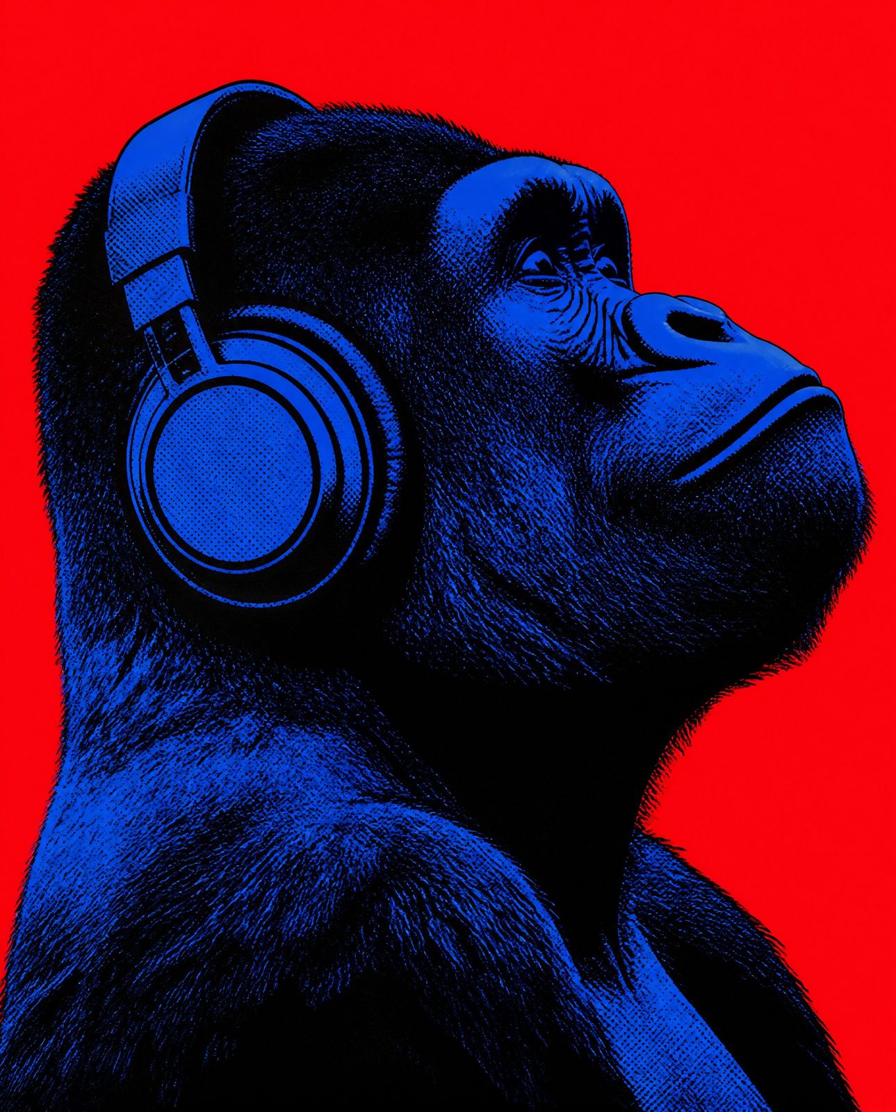 Pop-art profile of a gorilla in headphones, blue on red