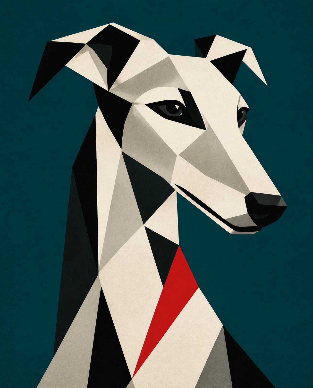 Cubist geometric sighthound head on teal