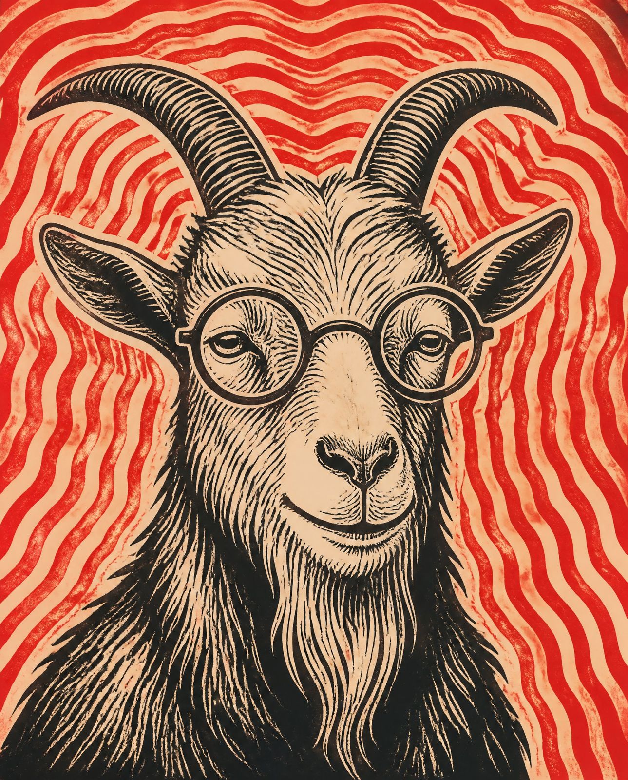 Linocut goat in round glasses against red wavy lines