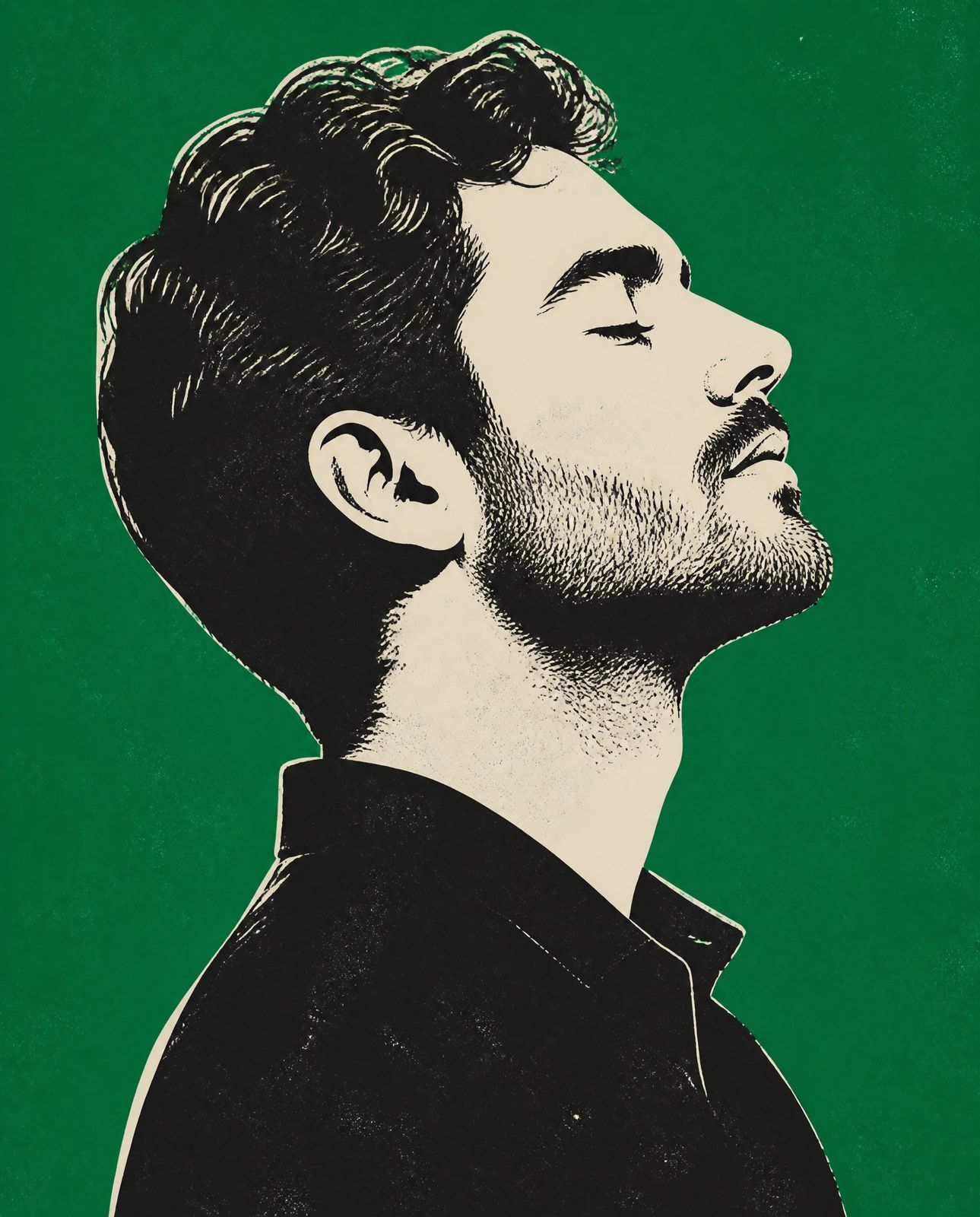 Screenprint profile of a man with eyes closed on green
