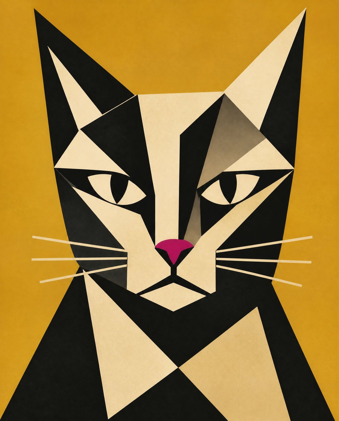 Cubist cat face with magenta nose on ochre