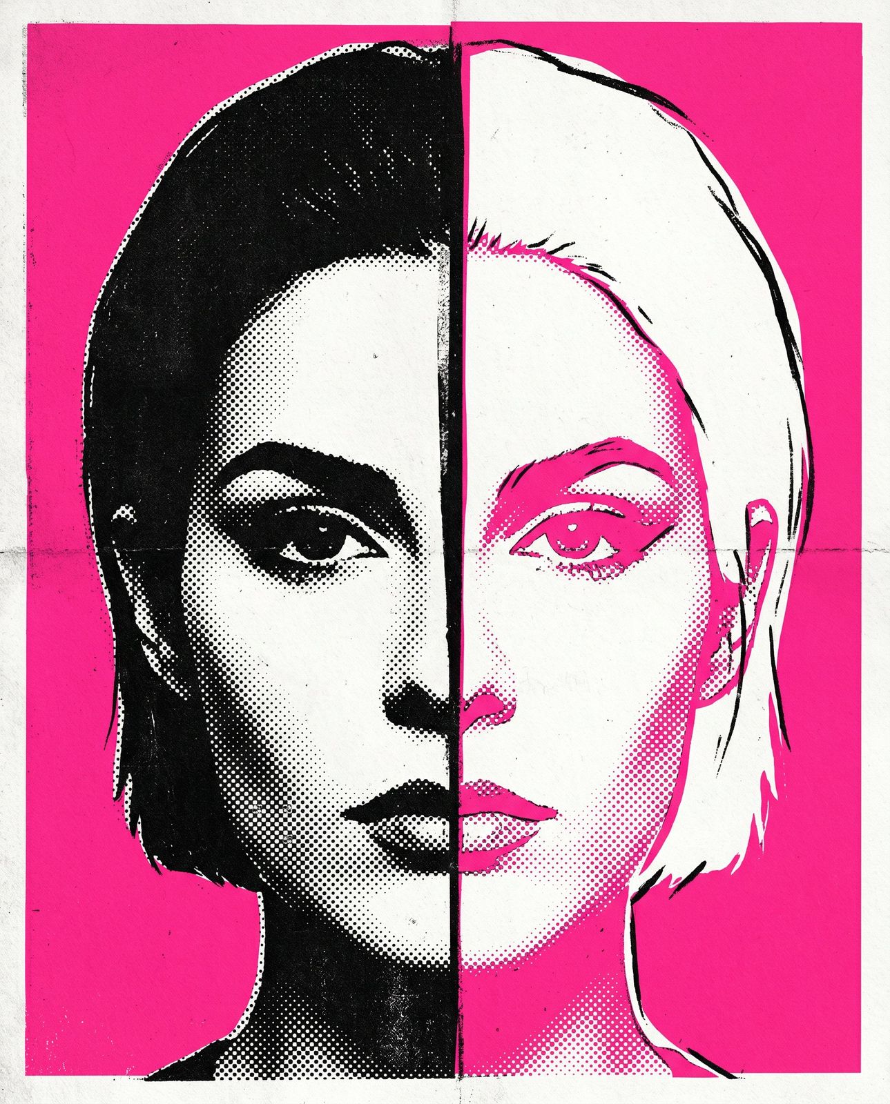Halftone portrait split black and pink