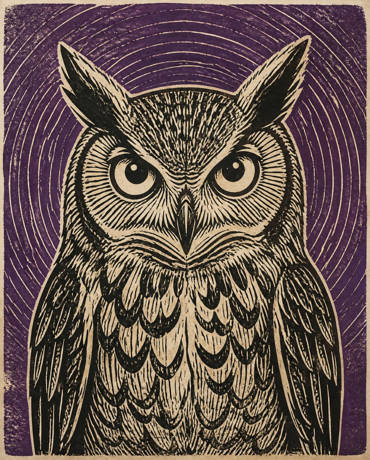 Linocut owl head-on against deep purple radiating lines