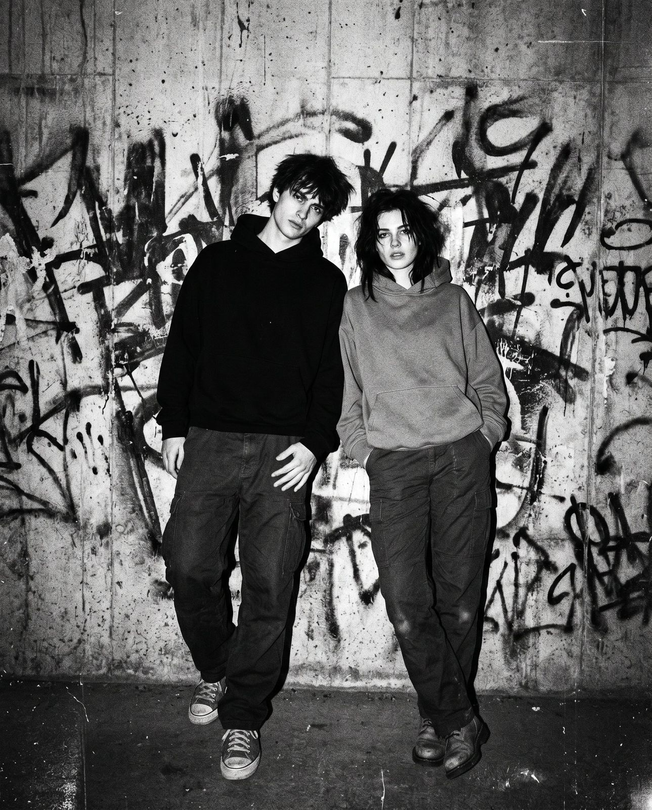 Two models leaning against a tagged concrete wall