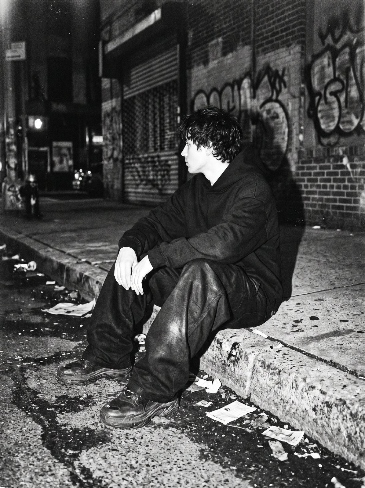 Model sitting on a street curb in a baggy silhouette, looking away