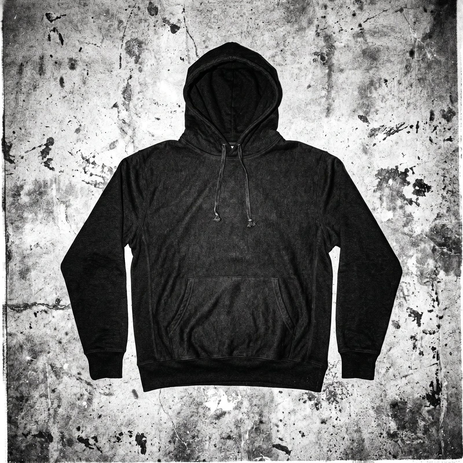 Heavyweight hoodie laid flat on raw concrete, top-down