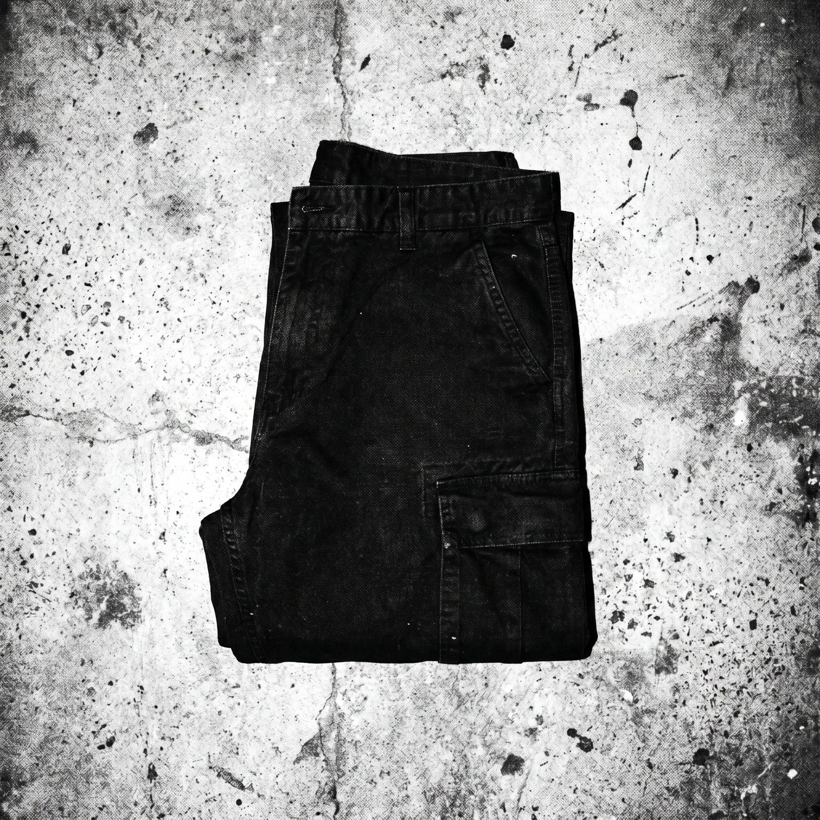 Cargo pants folded flat on concrete, top-down