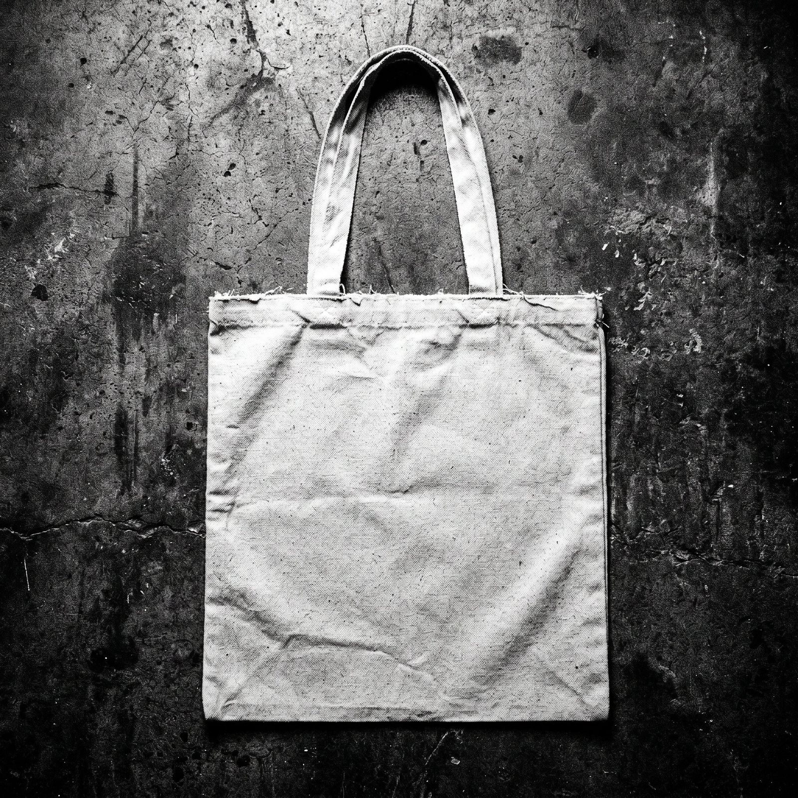 Canvas tote bag laid flat on concrete, top-down