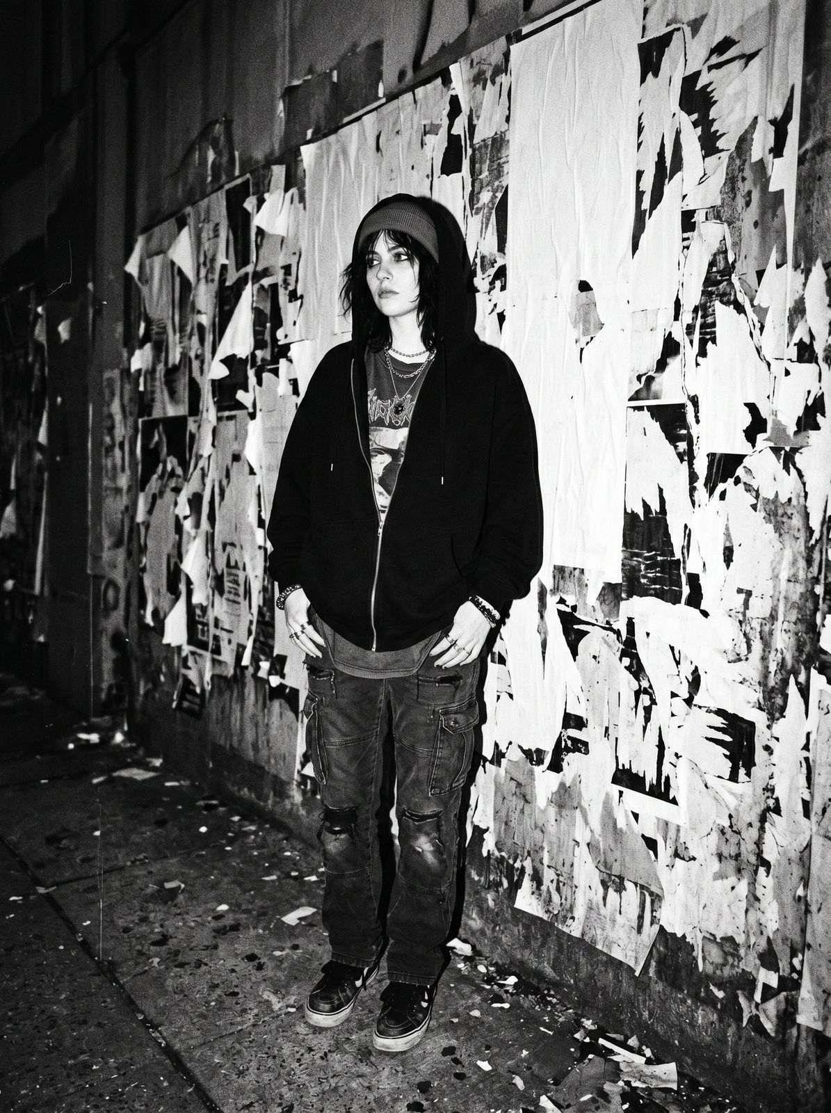 Model in zip hoodie and beanie against a wall of torn paste-up posters