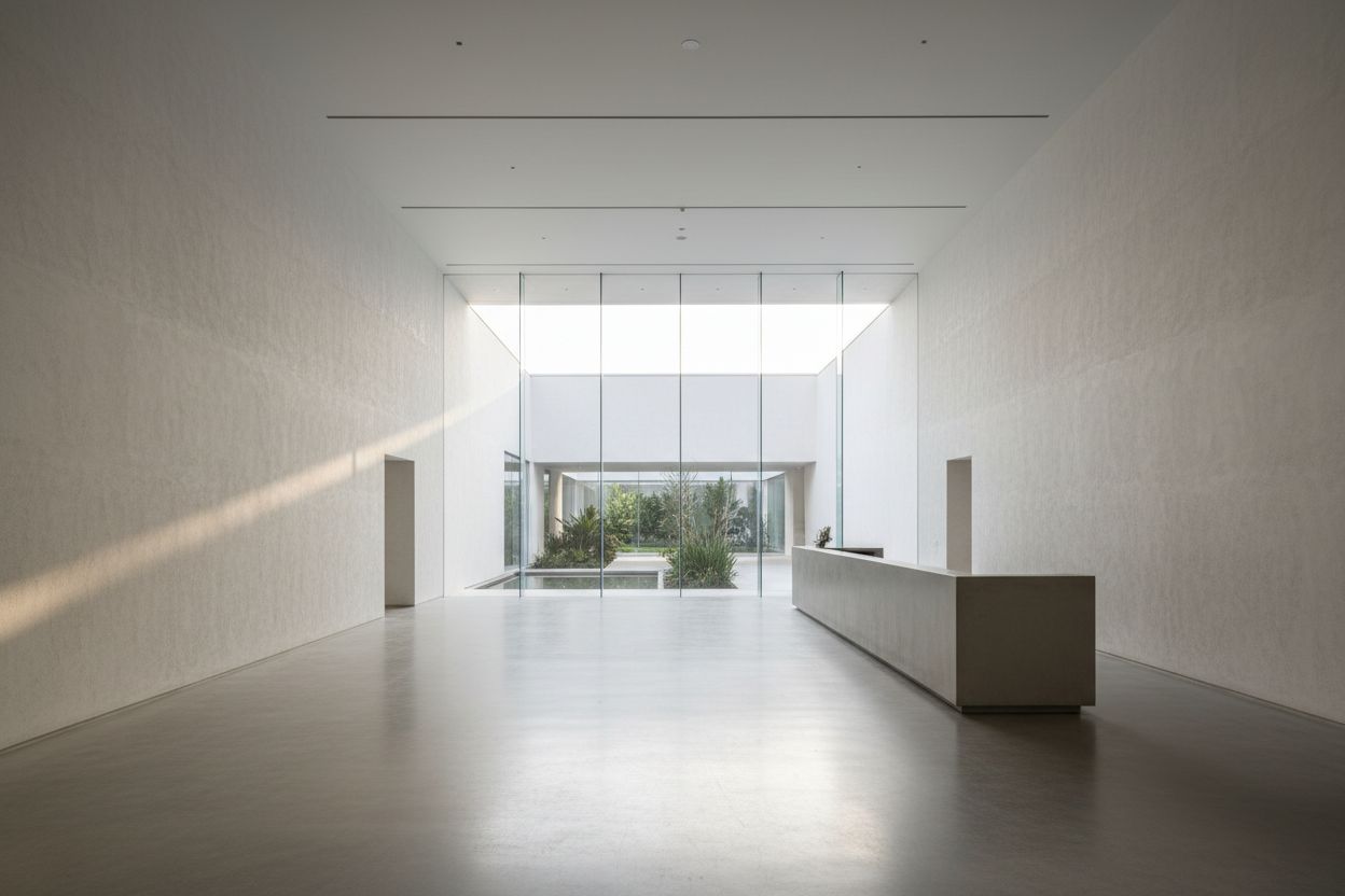 The atrium and ticket desk, glass wall onto the courtyard garden