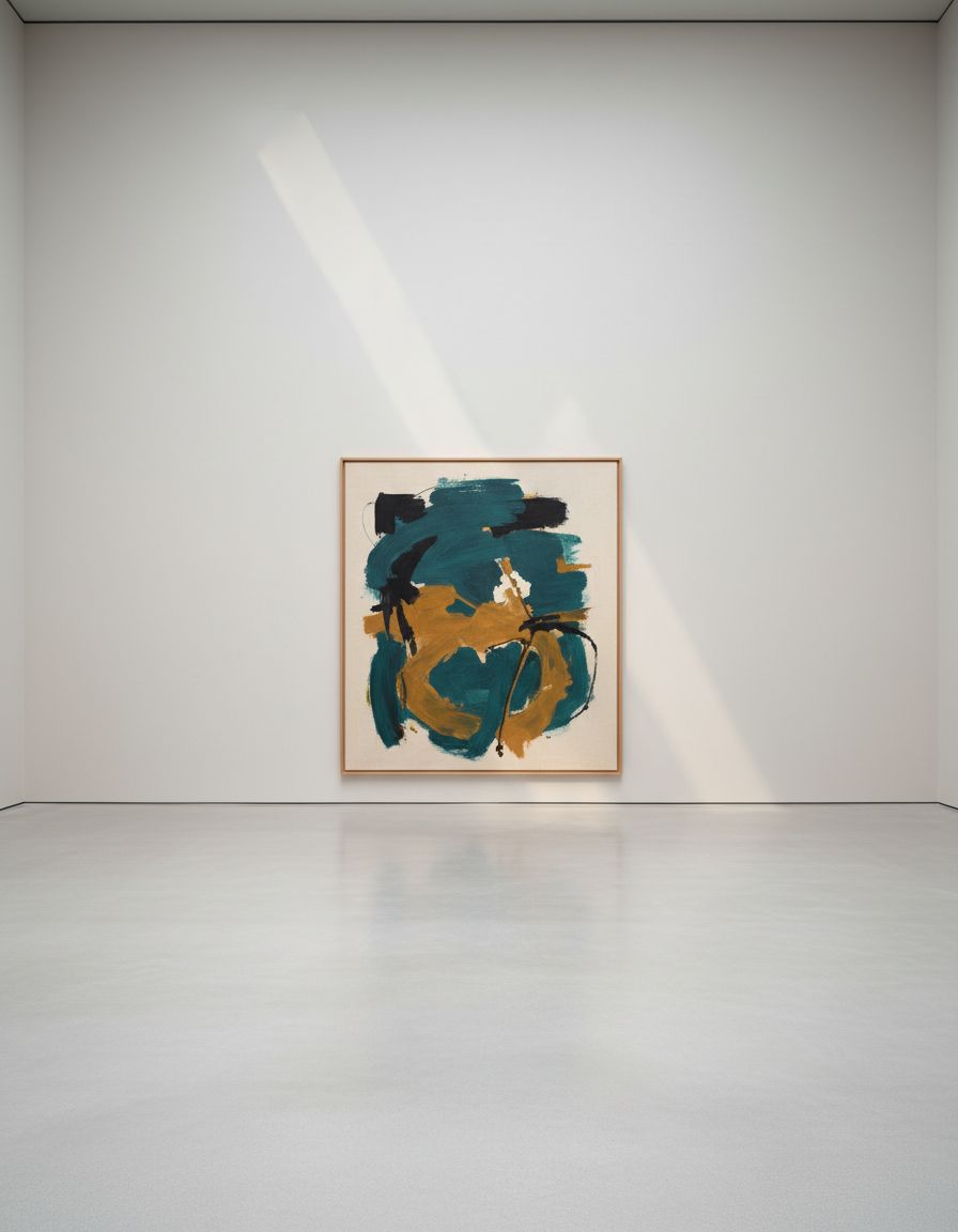Harbour Fugue — abstract painting in deep teal and ochre
