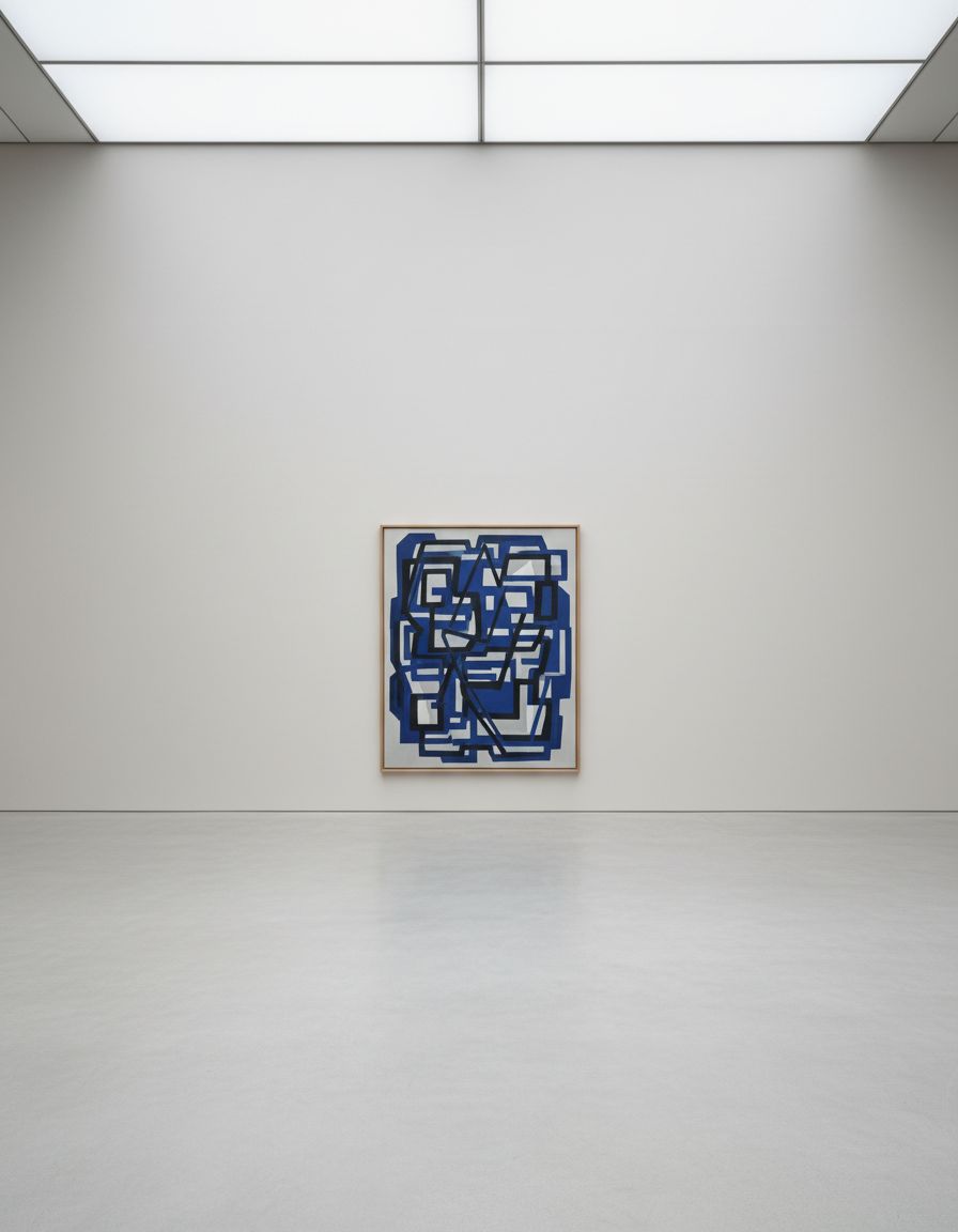 Blue Lattice — geometric abstraction in ultramarine and grey
