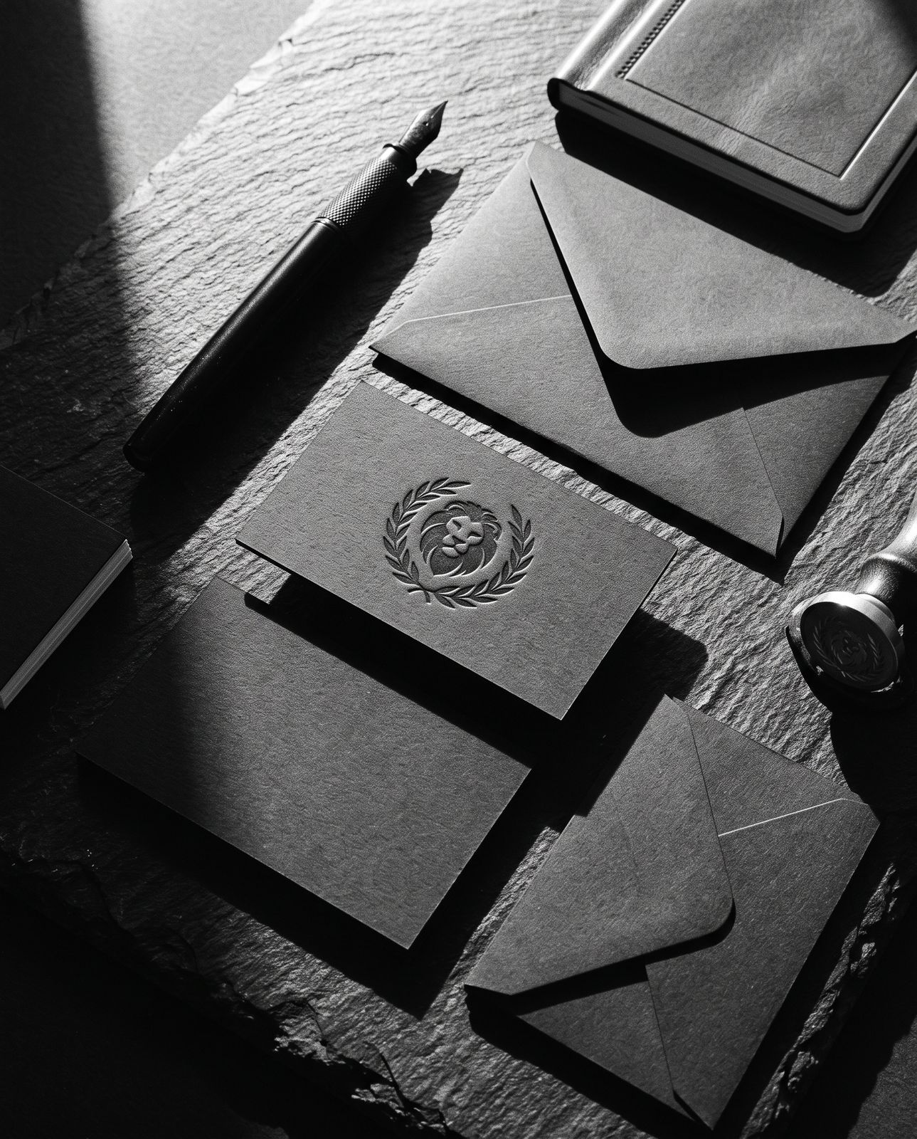 Apex Studio — embossed brand stationery on slate