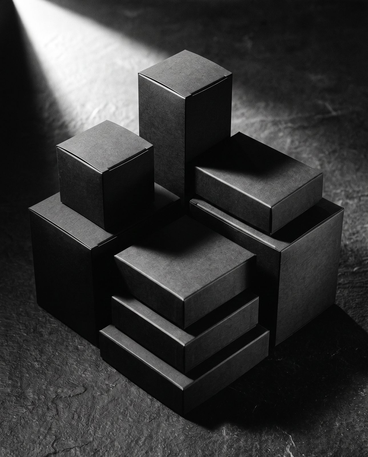 Void Commerce — matte black packaging composition