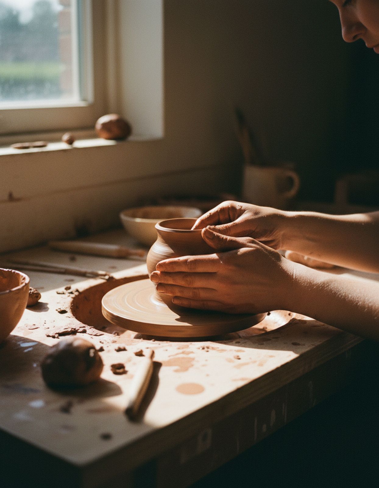 Hands shaping clay on the wheel